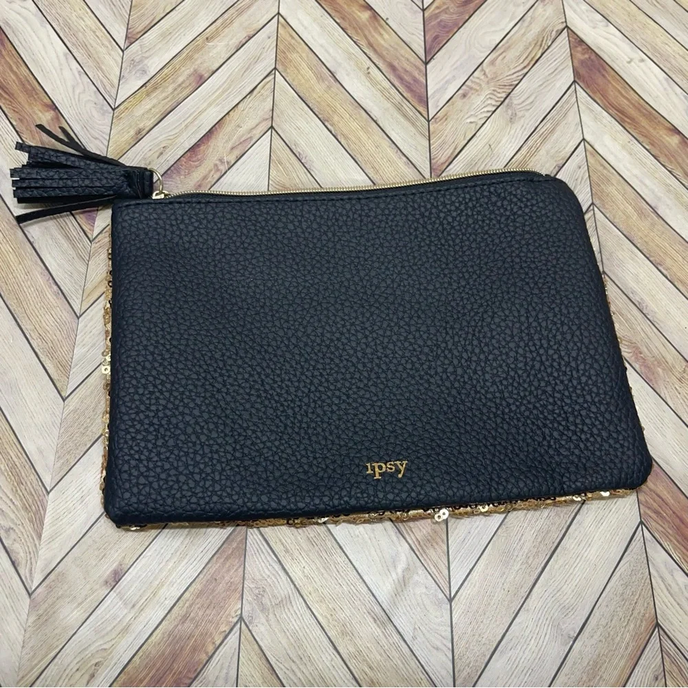 Ipsy Gold Sequin Makeup Bag‎ With Black Tas…